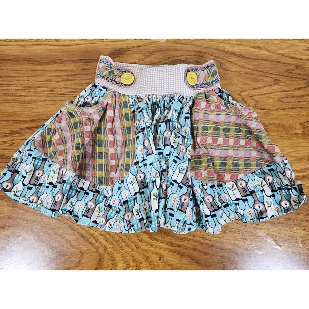 Matilda Jane Girls Size 2 Skirt Blue Bottle Print Plaid Pocket Polka Dot